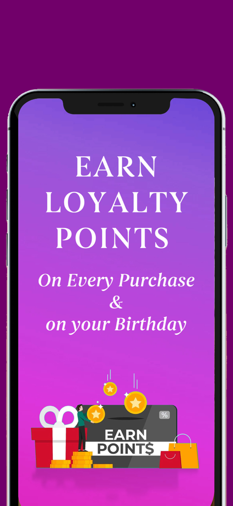Libas app screen showing the loyalty program to earn purple points on every purchase and birthdays