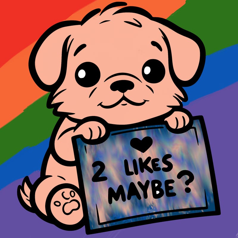 a puppy holding a sign that says 2 likes maybe?