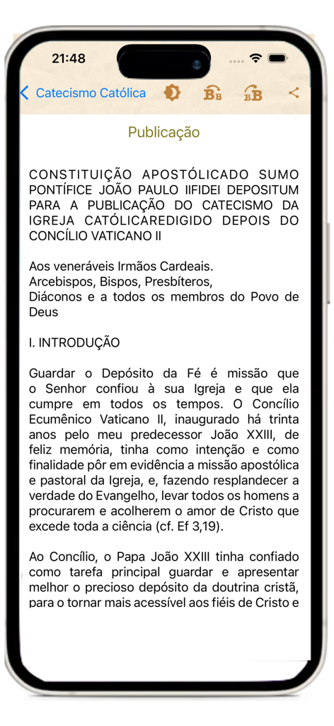 Catecismo da Igreja Católica - 스마트폰 화면에 가톨릭 교리서 앱의 소개 텍스트를 보여주는 읽기 인터페이스