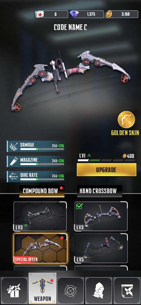 Ninja Hunt: Stealth Assassin - Menú del juego que muestra las estadísticas del arco compuesto y las opciones de mejora en Ninja Hunt Stealth Assassin