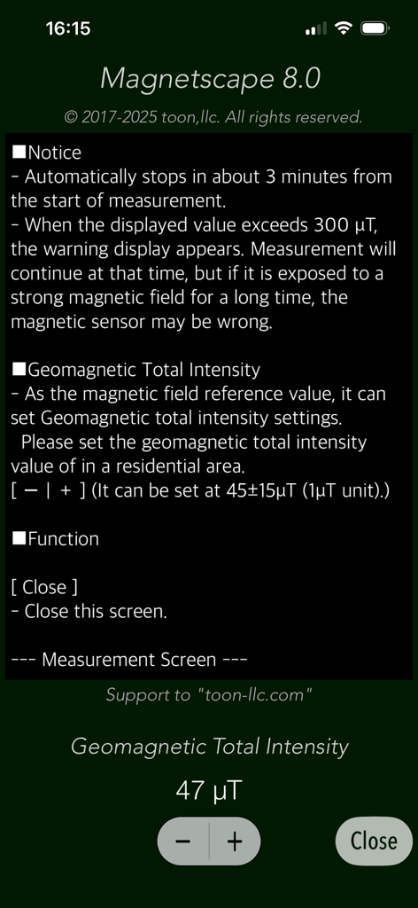 Magnetscape app settings screen displaying geomagnetic intensity calibration and measurement notices