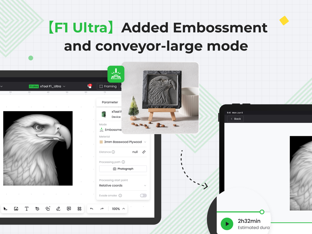 xTool Creative Space - Die xTool Creative Space App zeigt die Prägung und den großen Förderbandmodus des F1 Ultra für Lasergravuren.