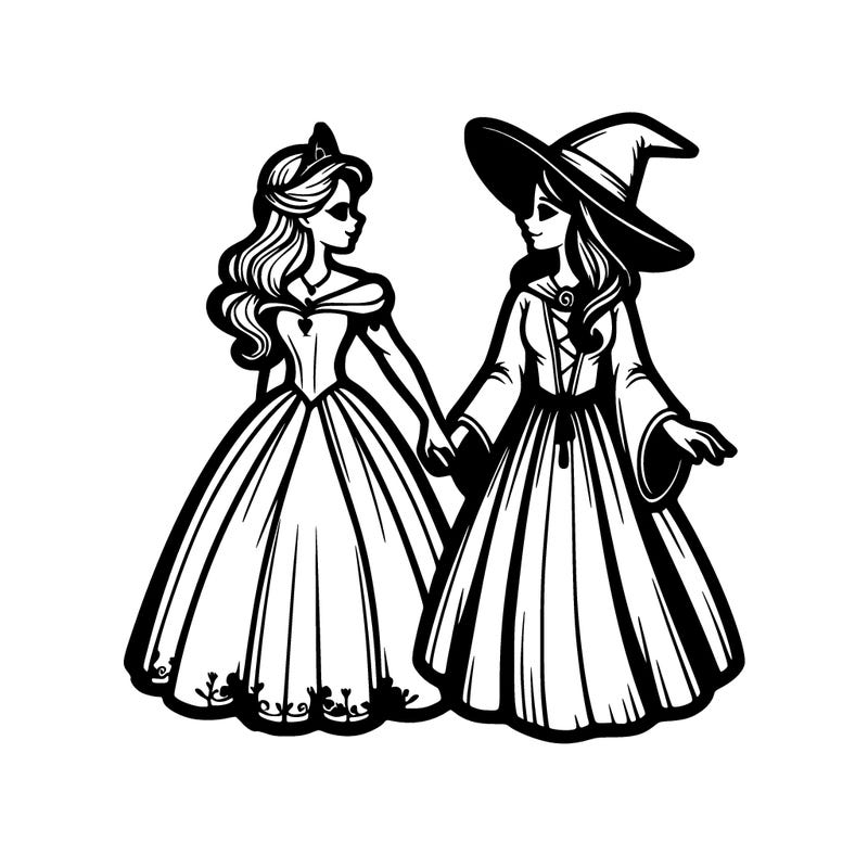 princess and a witch realistic holding hands