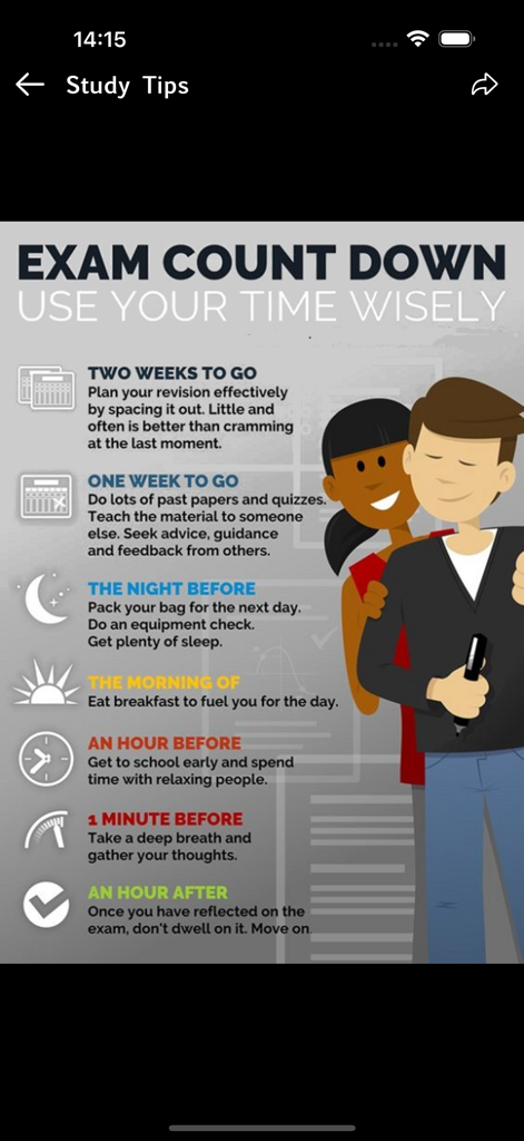 Infographic showing an exam countdown timeline with preparation tips from two weeks before to one hour after the test.