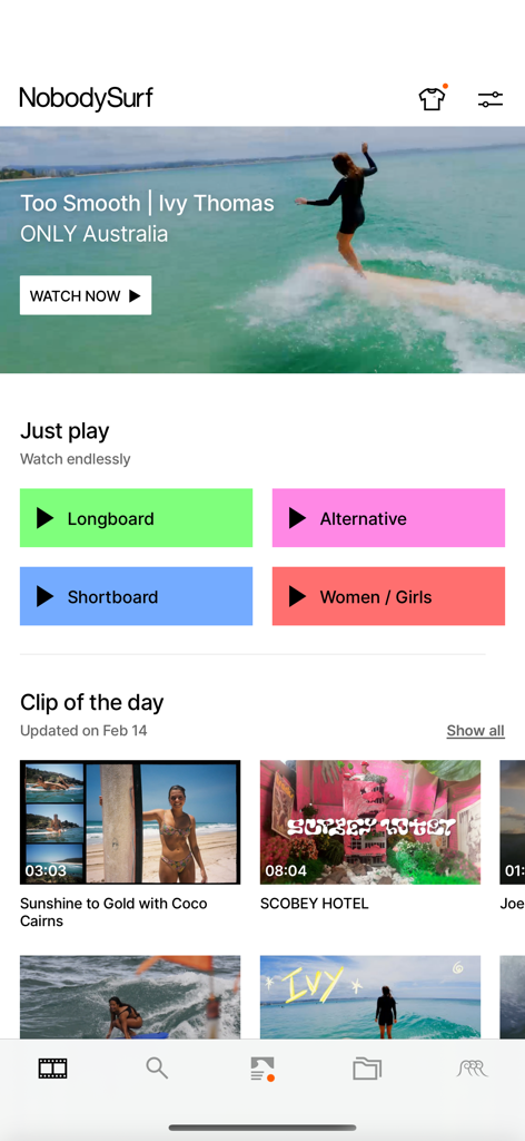 NobodySurf - Surfing Videos - Interface de l'application NobodySurf montrant une vidéo de surf mise en avant et les catégories de contenu