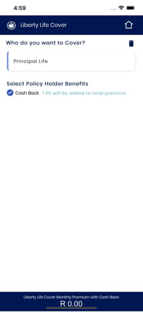 Liberty Funeral and Risk Cover - Liberty Life Cover mobile app interface for calculating monthly insurance premiums and selecting policy benefits