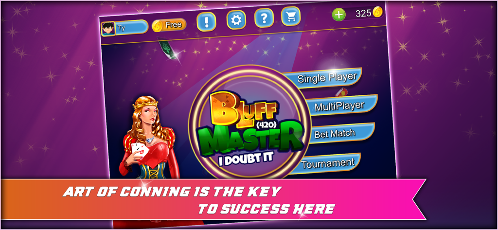 Bluff Master (420) - Main menu screen for Bluff Master 420 card game showing single player and multiplayer options