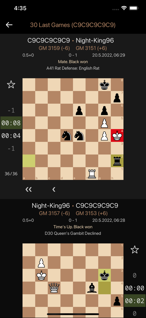 Una lista de partidas jugadas recientemente en la aplicación Lite lichess mostrando tableros de ajedrez y resultados de partidas