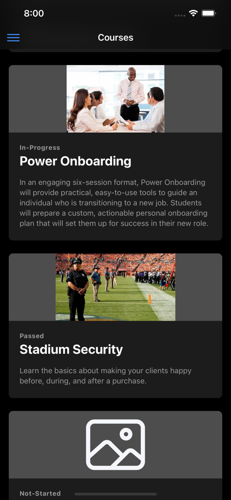 SkyPrep - SkyPrep mobile app displaying a list of training courses including Power Onboarding and Stadium Security
