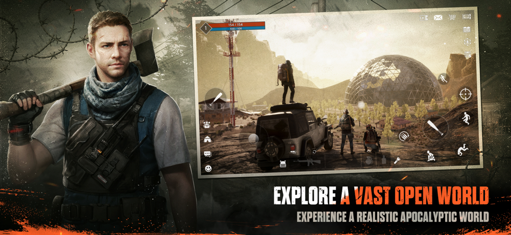 DARKEST DAYS - Un superviviente táctico con un hacha junto a una pantalla de juego que muestra un vasto mundo abierto con una estructura de cúpula y un vehículo en un entorno postapocalíptico.