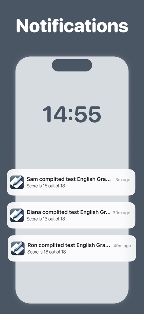 Quiz Maker : Learn With Tests - Pantalla móvil que muestra notificaciones en tiempo real de las puntuaciones de las pruebas de los estudiantes y los cuestionarios completados.