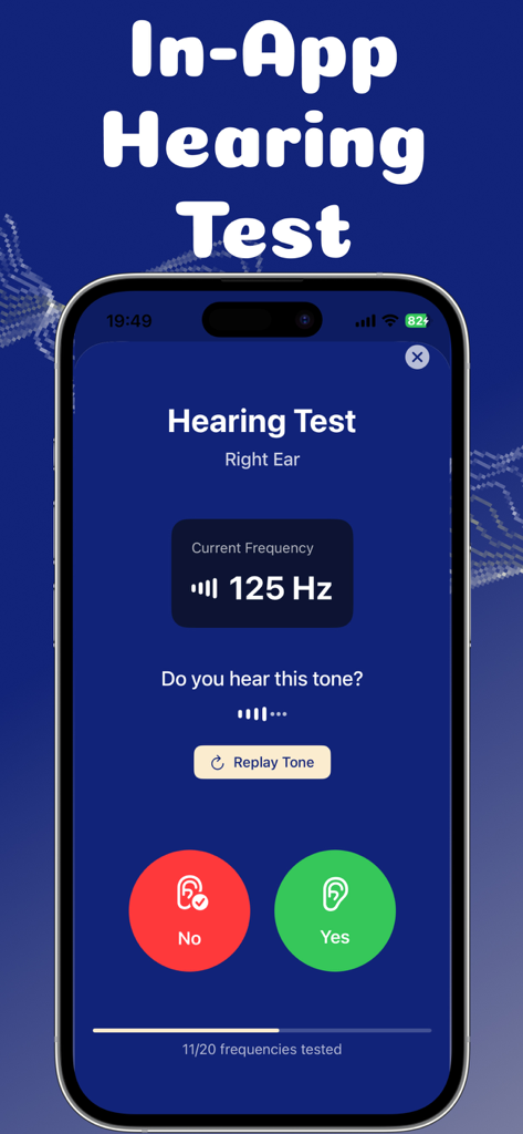 Hearing Aid – Sound Amplifier - スマートフォン画面に、周波数チェックと応答ボタンを備えたアプリ内聴力テストが表示されています