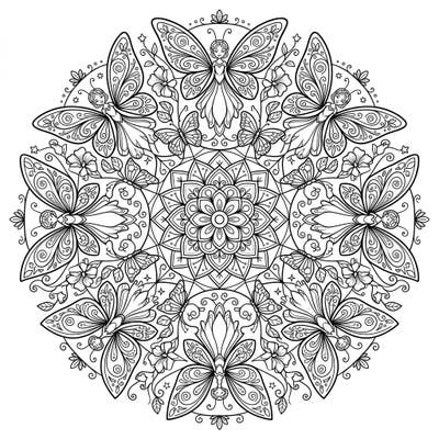 Discover a mesmerizing world with this intricate Butterfly Fairies Mandala coloring page, blending delicate winged creatures with a harmonious radial design. Perfect for those seeking a relaxing and magical artistic escape.