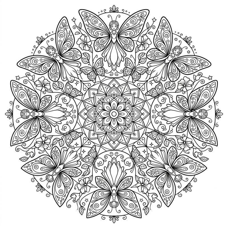 Discover a mesmerizing world with this intricate Butterfly Fairies Mandala coloring page, blending delicate winged creatures with a harmonious radial design. Perfect for those seeking a relaxing and magical artistic escape.