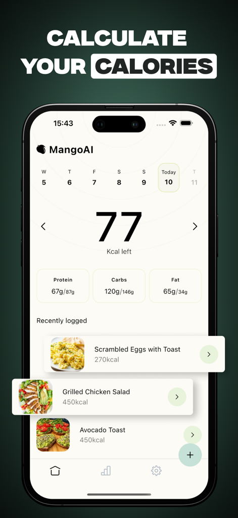 Mango AI - Calorie Tracker - Painel do aplicativo Mango AI mostrando rastreamento diário de calorias e macros com refeições registradas recentemente, como salada de frango grelhado e torrada com abacate.