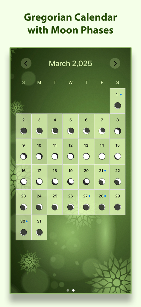 Calendário gregoriano com ícones diários de fases da lua para o mês de março de 2025