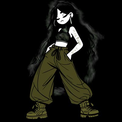 girl in baggy pants crop top and long hair