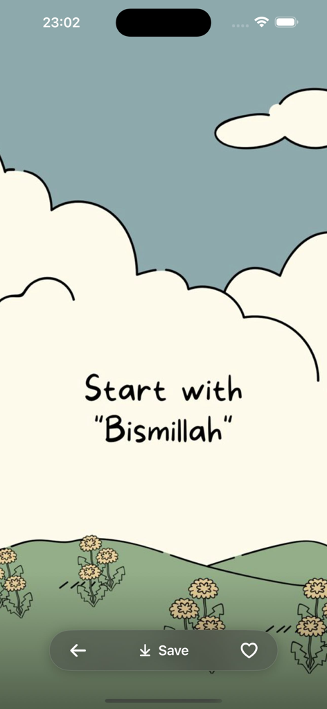 A cartoon-style Islamic wallpaper with the text Start with Bismillah above a landscape of clouds and flowers.