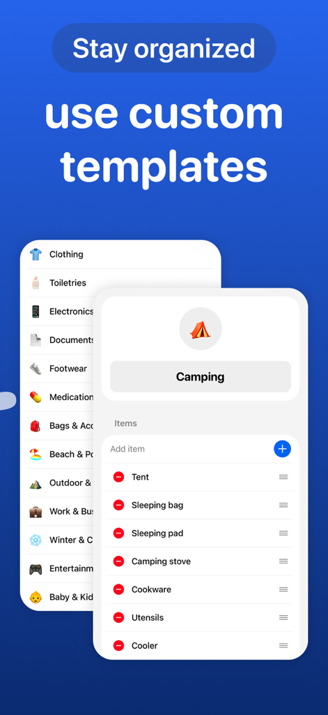 Interfaccia dello smartphone dell'app Packo che mostra modelli personalizzati di liste di imballaggio, inclusa una lista di controllo per l'attrezzatura da campeggio.