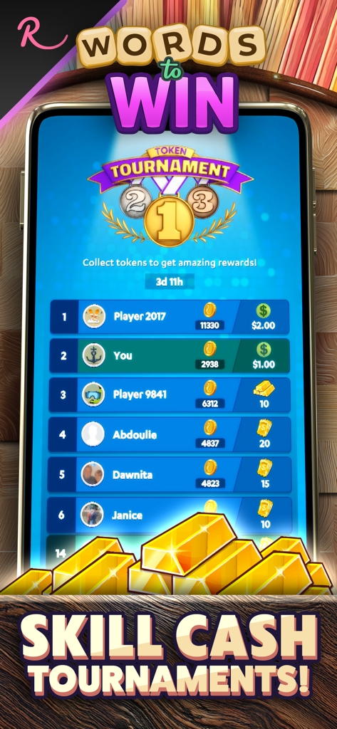 Leaderboard display in the Words to Win app showing cash prizes and player rankings.