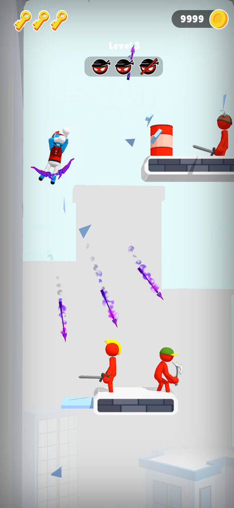 Stick Teleport 3D - Blue stickman ninja throwing teleportation weapons at red enemies in a 3D level.