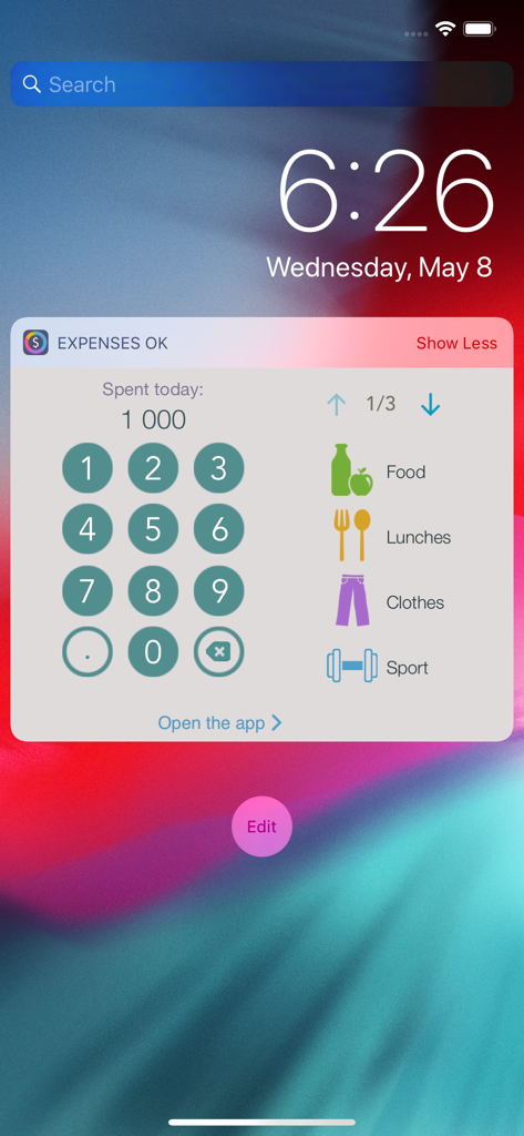 Widget de Expenses OK para iOS que muestra un teclado numérico e iconos de categoría para un registro rápido de gastos en la pantalla de bloqueo de un móvil