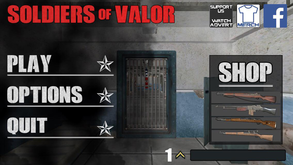 Menu principale del gioco mobile Soldiers Of Valor che mostra le opzioni di gioco e un negozio di armi con fucili della Seconda Guerra Mondiale
