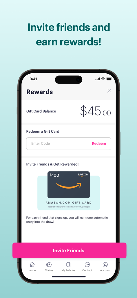Goose Insurance - Goose Insurance app rewards screen showing gift card balance and invite friends referral program