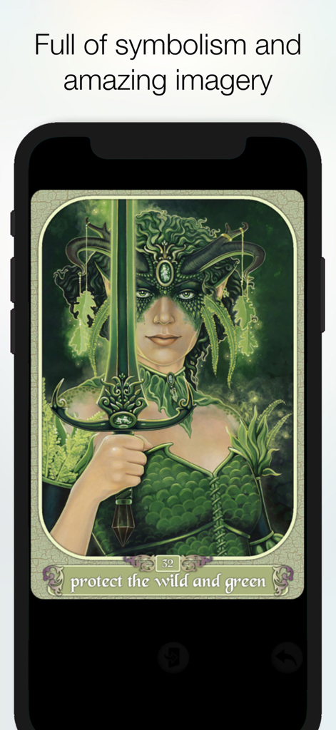 Messenger Oracle - A fantasy card from the Messenger Oracle app depicting a woman with horns and a sword with the text protect the wild and green.