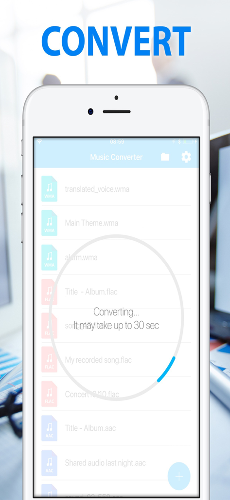 Interfaccia dell'app Convertitore MP3 che mostra il progresso della conversione dei file audio su iPhone.