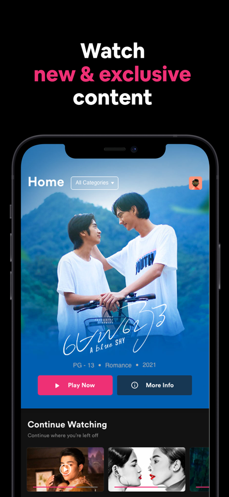 Sastra Film mobile app home screen featuring the Khmer movie A Blue Sky and a headline about exclusive content.