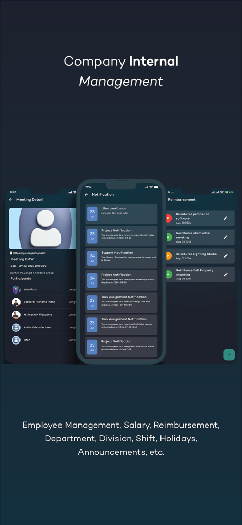 Kolabo mobile app display showing company internal management features like meeting details notifications and reimbursements.