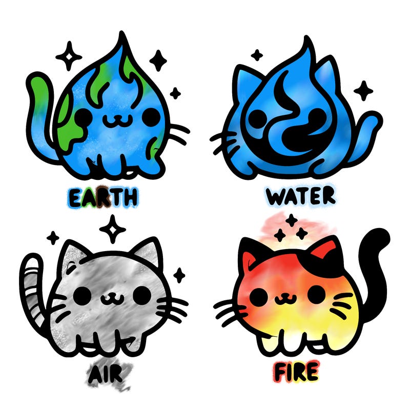 4 cats that represent the different elements, earth, water, air, and fire