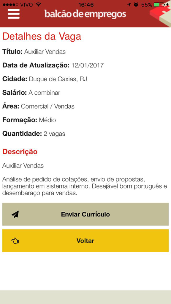 Balcão de Empregos - Captura de tela do aplicativo móvel mostrando detalhes de uma vaga de Auxiliar de Vendas em português.
