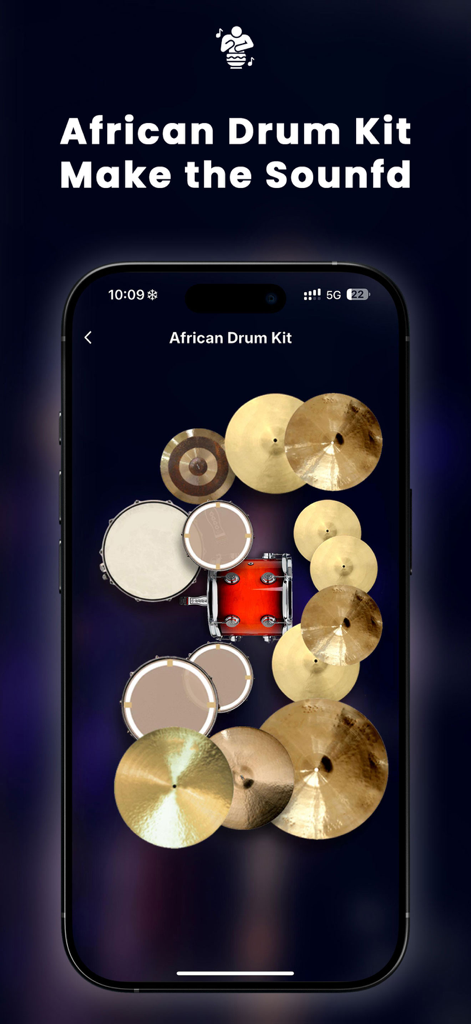 Drum Pads Electronic Drums - Smartphone screen showing the African Drum Kit interface with various drums and cymbals
