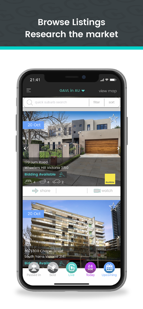 GAVL Live - GAVL Live app screen displaying real estate listings for auction with property details