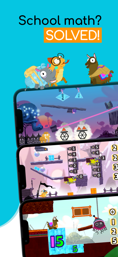 Math Makers: Kids School Games - Three phone screens displaying various math puzzles and characters from the Math Makers educational app for children