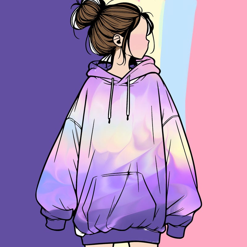 realistic girl with a oversized sweatshirt on and a bun