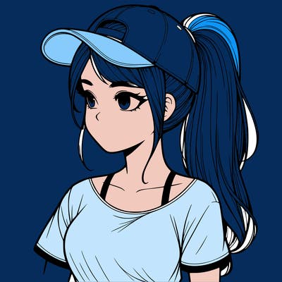 realistic looking girl with her hair in a really long ponytail and a base ball cap, t-shirt