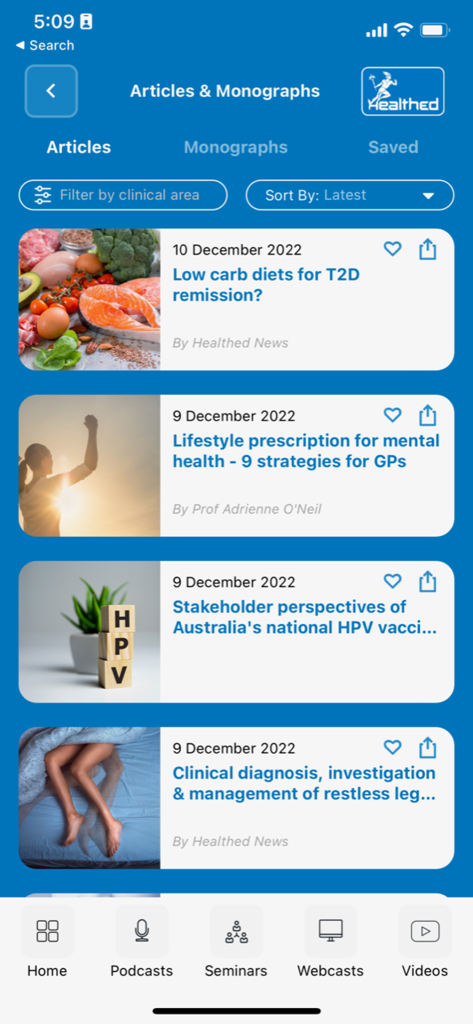 Healthed - Healthed app interface showing a list of medical articles and clinical monographs for healthcare professionals