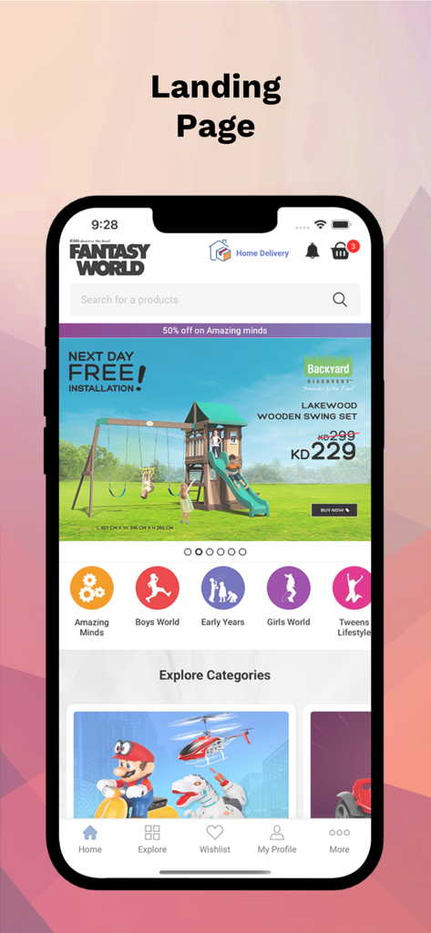 Fantasy World Toys mobile app interface showing various toy categories and a promotional banner for a wooden swing set