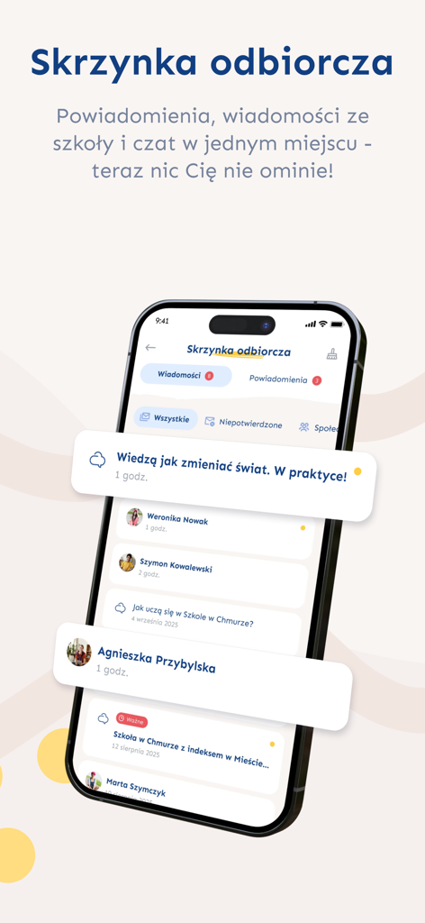 Szkoła w Chmurze - A interface da caixa de entrada do aplicativo Szkola w Chmurze exibindo mensagens e notificações.