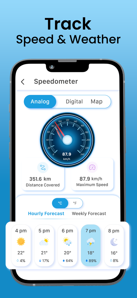 Interfaz de la aplicación RouteFinder mostrando un velocímetro analógico y el pronóstico del tiempo por hora
