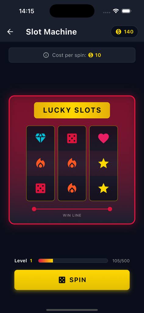 Casino Universe - Eine mobile App-Oberfläche für ein Slot-Maschinen-Spiel namens Lucky Slots in Casino Universe.