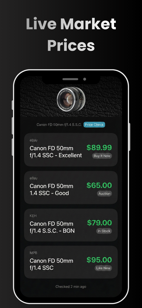 Camera Lens Identifier - Mobile app interface showing real-time market prices for a vintage Canon lens from various marketplaces