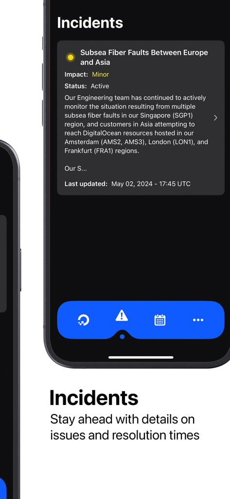 Status for DigitalOcean - A screenshot of the Incidents screen in the Status for DigitalOcean app displaying detailed information about a network issue.