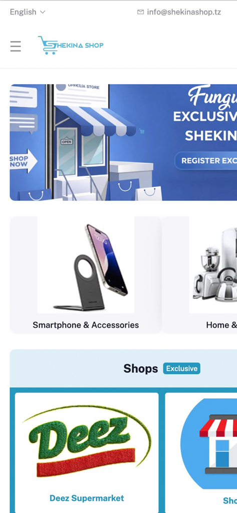 ShekinaShop - ShekinaShop 모바일 앱 홈 화면에 제품 카테고리와 추천 지역 상점이 표시됩니다