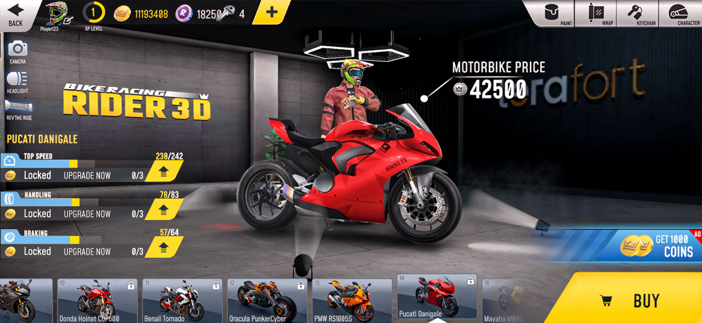 Rider 3D Racing Bike Games - A red sportbike in the game garage menu showing performance stats and upgrade options