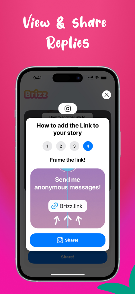 Brizz 익명 링크를 인스타그램 스토리에 공유하는 방법을 보여주는 튜토리얼 화면