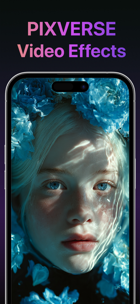 Pixverse - AI Video Effects - Aplicación de efectos de video IA Pixverse mostrando un retrato estético generado por IA de una chica con flores azules